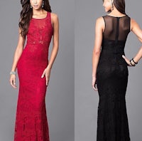 a woman in a black and red lace dress