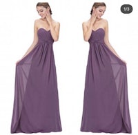two pictures of a woman wearing a purple bridesmaid dress