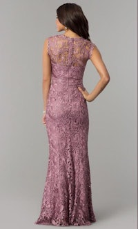 the back of a woman in a lavender lace dress