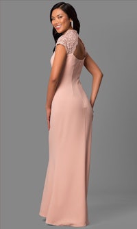 the back view of a woman wearing a blush chiffon bridesmaid dress