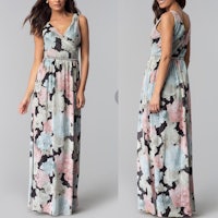a woman wearing a floral print maxi dress