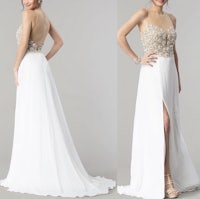 white chiffon prom dress with beading and slit