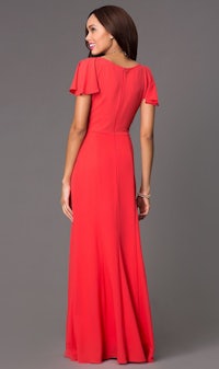 red chiffon bridesmaid dress with flutter sleeves