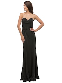 a woman wearing a black evening gown