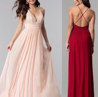 a woman in a red and pink dress with a v - neckline