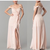 off the shoulder chiffon bridesmaid dress with slit