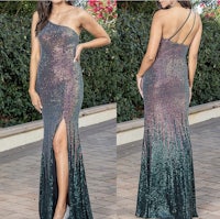 a woman in a blue sequin gown and a woman in a pink sequin gown