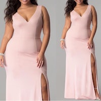 a plus size woman in a pink dress with a slit