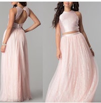 two piece pink tulle prom dress