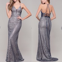 the back view of a woman in a silver evening gown