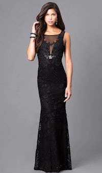 a woman wearing a black lace gown