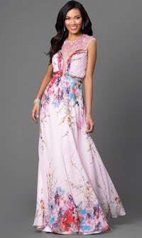 a woman in a pink floral prom dress