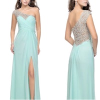 a woman in a mint green evening gown with a slit