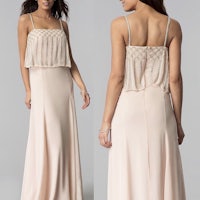 the back view of a gold sequin maxi dress