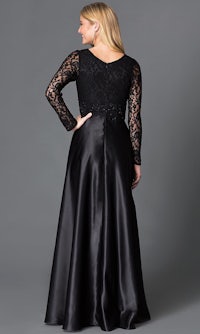 the back view of a plus size black evening gown with lace sleeves