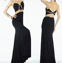 a woman is wearing a black evening gown