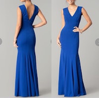 the back view of a woman in a blue evening gown