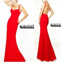 a woman in a red evening gown
