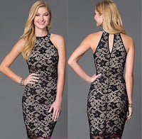 a woman in a black lace dress