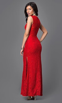 the back view of a woman in a red lace dress