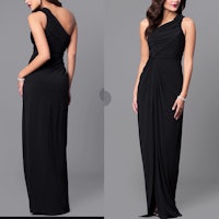 a woman wearing a black one shoulder gown