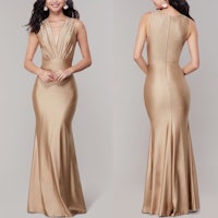 the back view of a woman in a gold evening gown