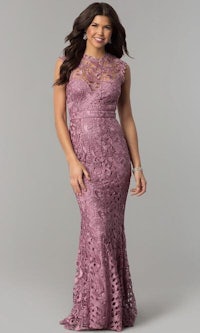a woman wearing a lavender lace gown