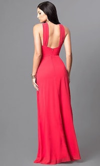 the back of a woman in a red long dress