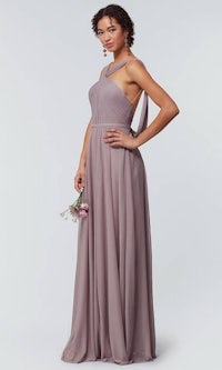 the bridesmaid is wearing a lilac chiffon bridesmaid dress