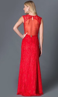 the back view of a woman in a red lace dress