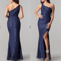 a woman in a navy lace dress with a slit