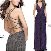 the back of a woman in a purple and silver dress