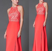a woman in a red evening dress with a slit