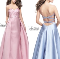 two women in pink and blue prom dresses