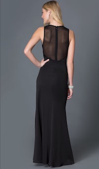 the back of a woman in a black evening gown