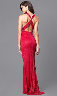the back of a woman in a red lace dress