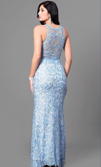 the back of a woman wearing a blue lace evening dress