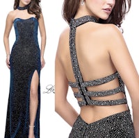 a woman in a blue gown with a slit and sequins