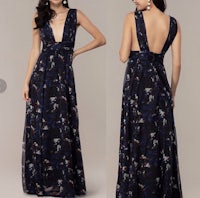 the back view of a woman in a blue floral print dress