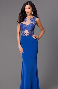 a royal blue mermaid prom dress with sheer lace